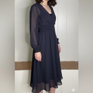 Vintage Samuel‎ Blue Sheer Faux Wrap Smocked Long Sleeve Cocktail Dress 12